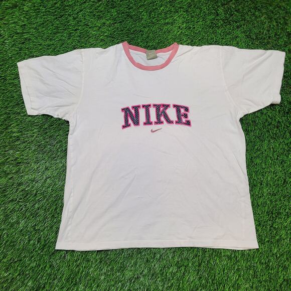 VTG Y2K Nike Silver Tag T-Shirt Mens L Cropped Boxy Spellout White Pink - Picture 1 of 12